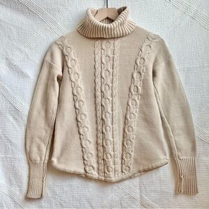 L.L. Bean Women's Sweater Turtleneck Fisherman Cable Knit Cotton XS Cream Beige